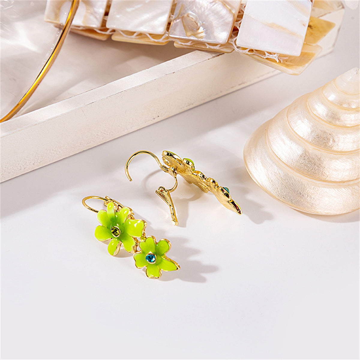 Green & Blue Cubic Zirconia Stacked Floral Charm Huggie Earrings
