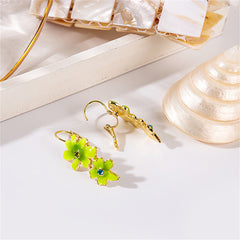 Green & Blue Cubic Zirconia Stacked Floral Charm Huggie Earrings