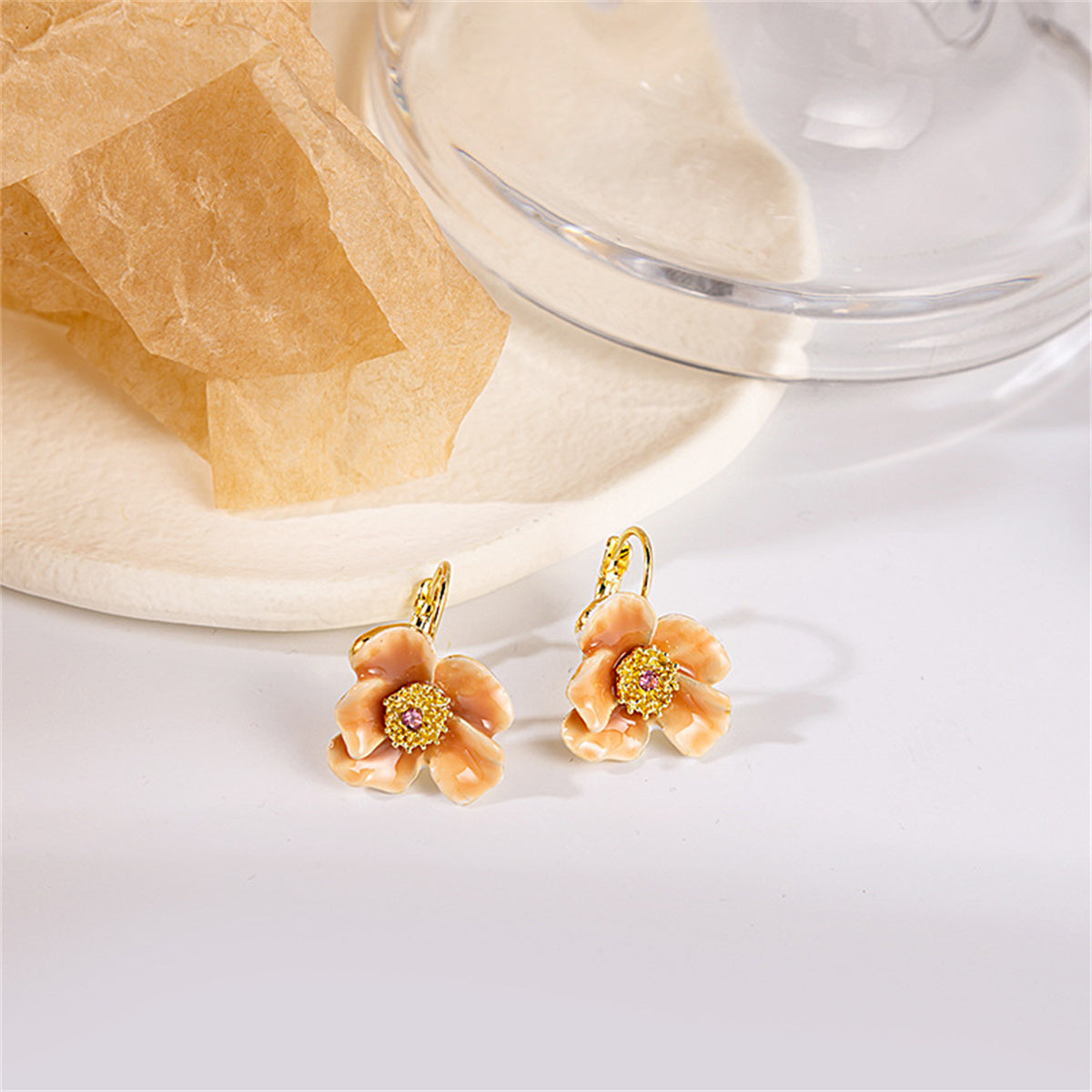 Cubic Zirconia and Yellow Flower Huggie Earrings, huggie earrings, botanical inspired, front view