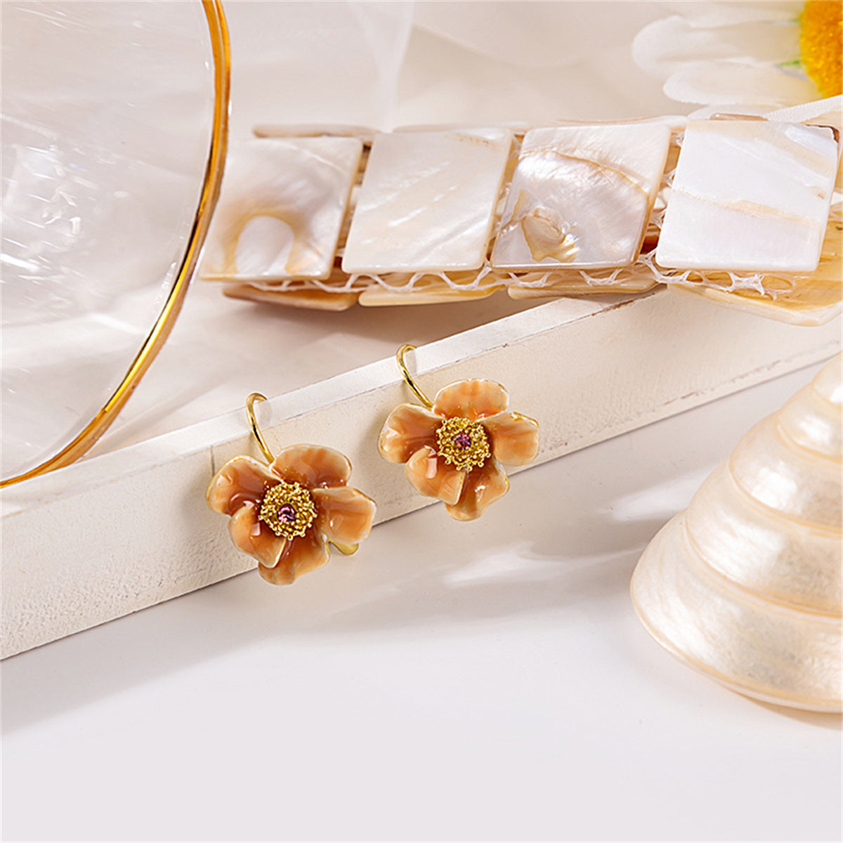 Cubic Zirconia and Yellow Flower Huggie Earrings, huggie earrings, botanical inspired, side view