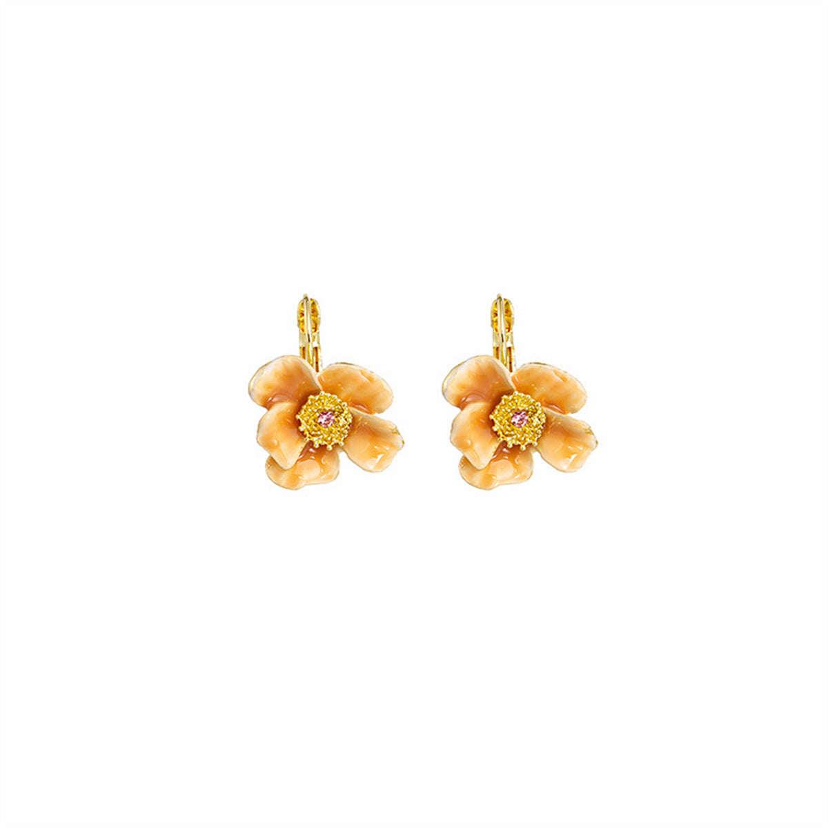 Cubic Zirconia and Yellow Flower Huggie Earrings, huggie earrings, botanical inspired, detail close-up