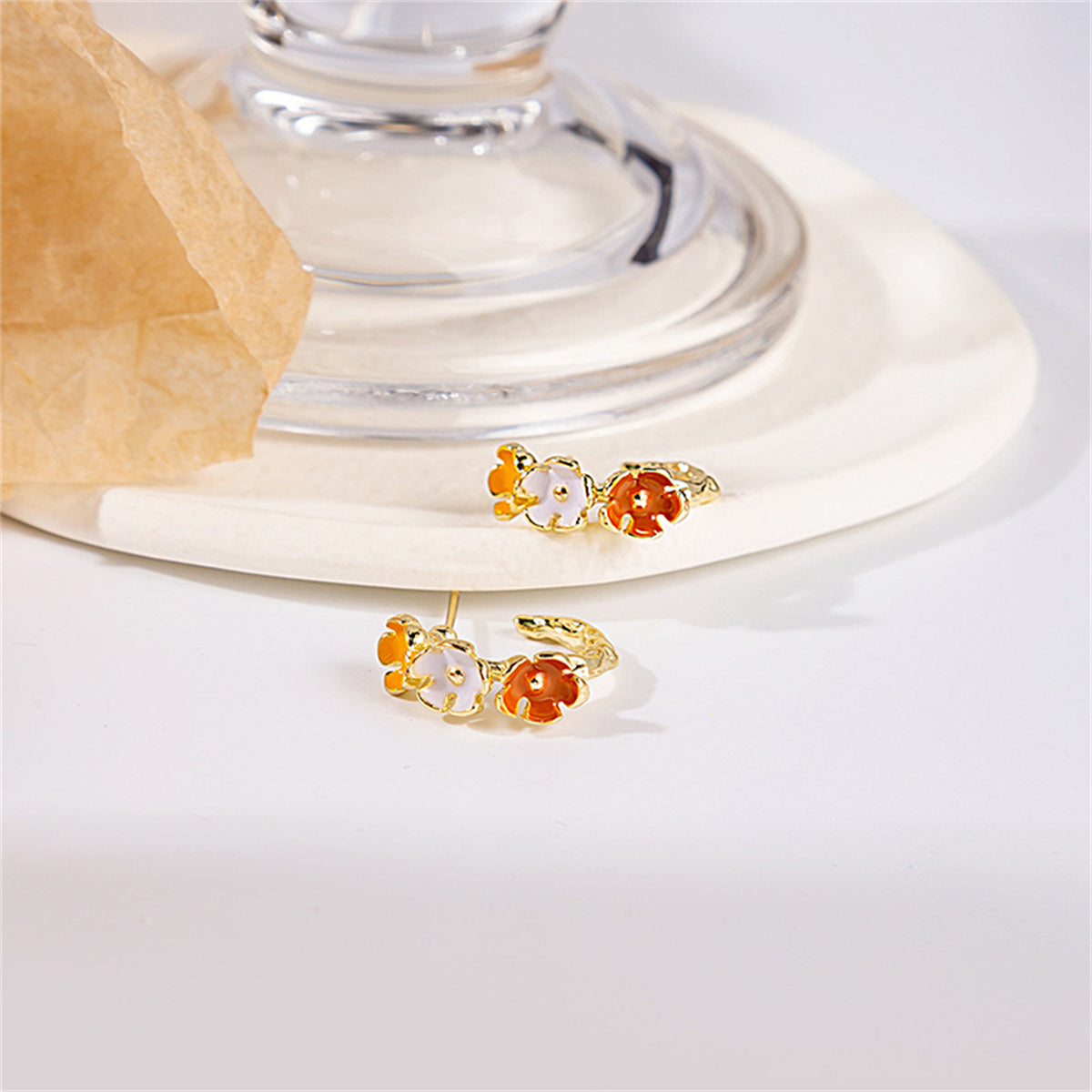 Yellow Enamel and 18K Gold-Plated Tri-Flower Stud Earrings, gold stud earrings for women, elegant gift for her, front view
