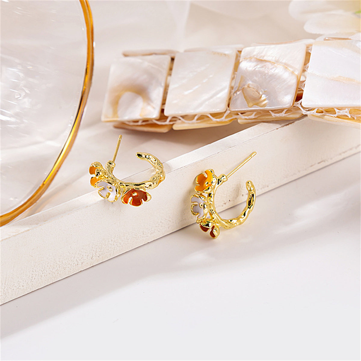 Yellow Enamel and 18K Gold-Plated Tri-Flower Stud Earrings, gold stud earrings for women, detail close-up