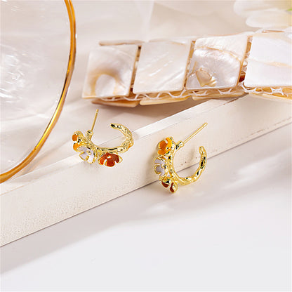 Yellow Enamel and 18K Gold-Plated Tri-Flower Stud Earrings, gold stud earrings for women, detail close-up