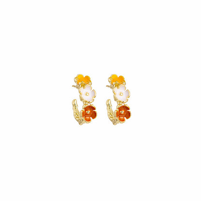 Yellow Enamel and 18K Gold-Plated Tri-Flower Stud Earrings, gold stud earrings for women, elegant gift for her, side view