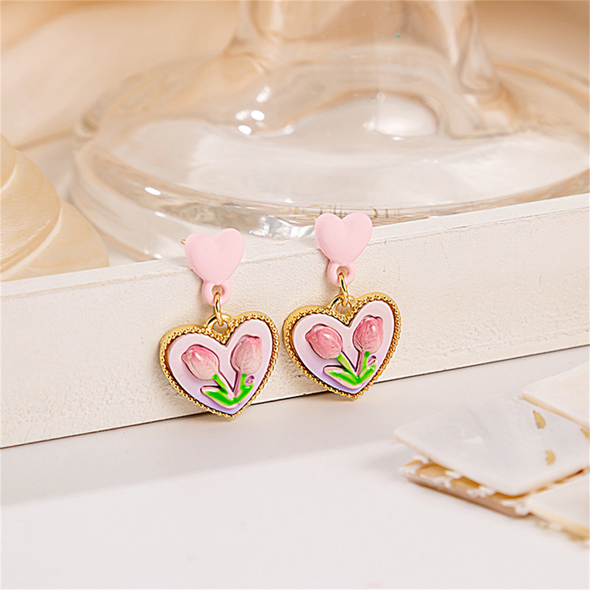 Pink Enamel & Resin 18K Gold-Plated Flower Heart Drop Earrings