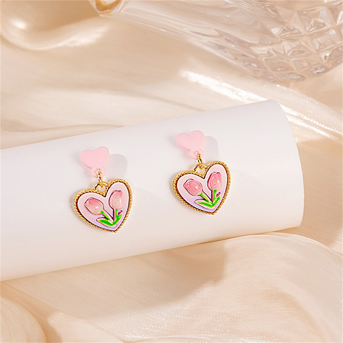 Pink Enamel & Resin 18K Gold-Plated Flower Heart Drop Earrings