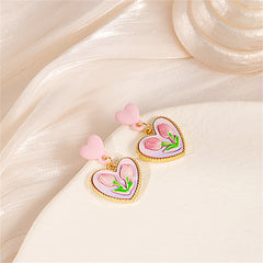 Pink Enamel & Resin 18K Gold-Plated Flower Heart Drop Earrings