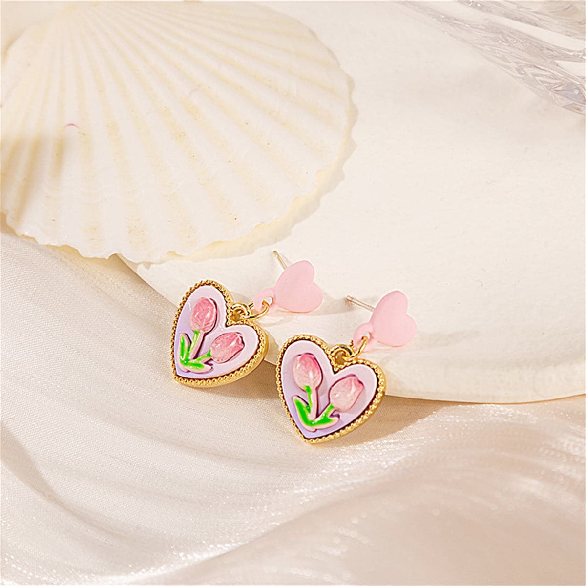 Pink Enamel & Resin 18K Gold-Plated Flower Heart Drop Earrings