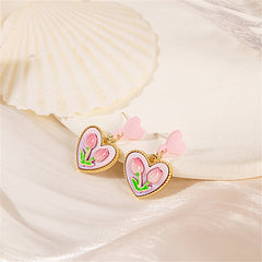 Pink Enamel & Resin 18K Gold-Plated Flower Heart Drop Earrings