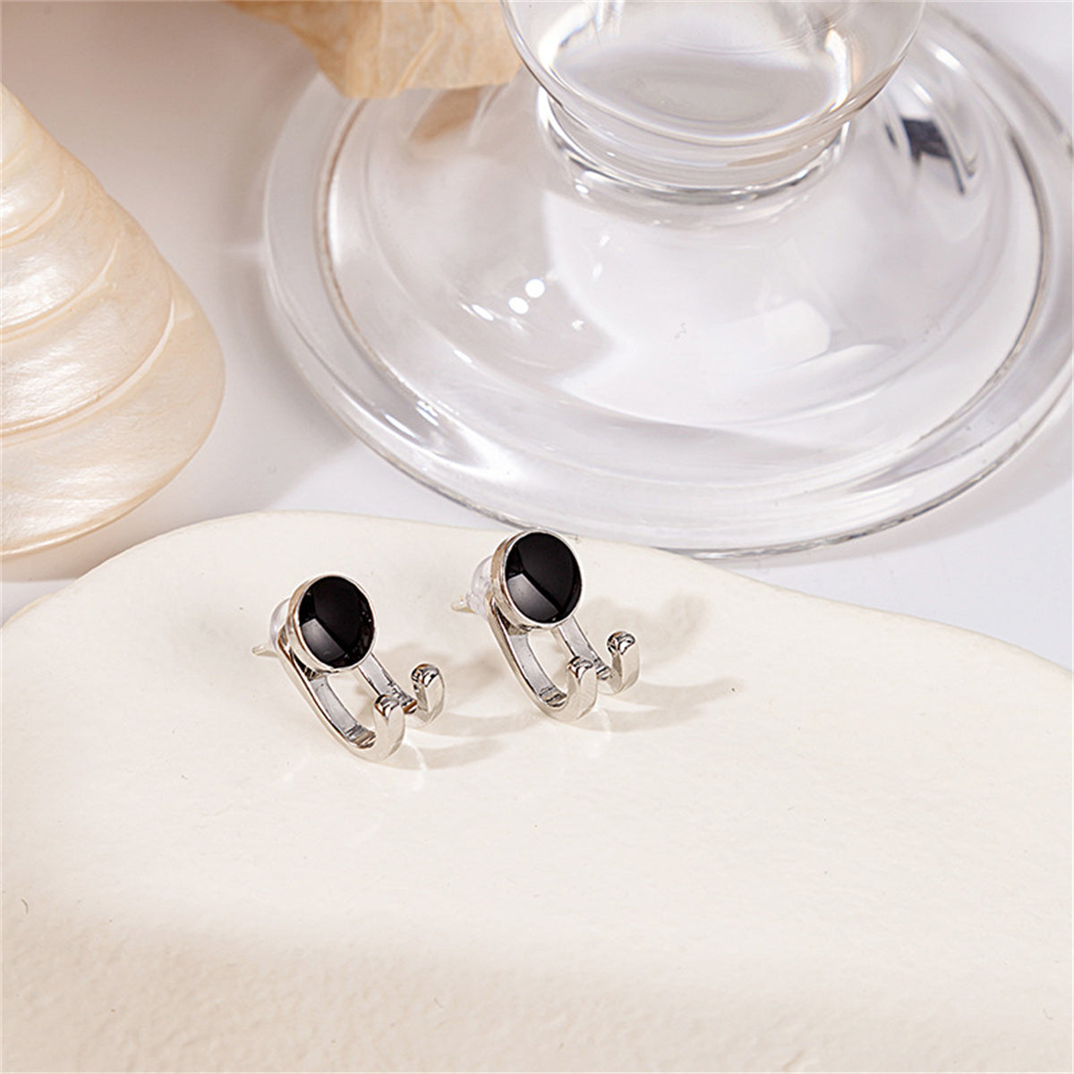 Silver-Plated and Black Hook Ear Jackets, silver stud earrings for women, everyday style, side view