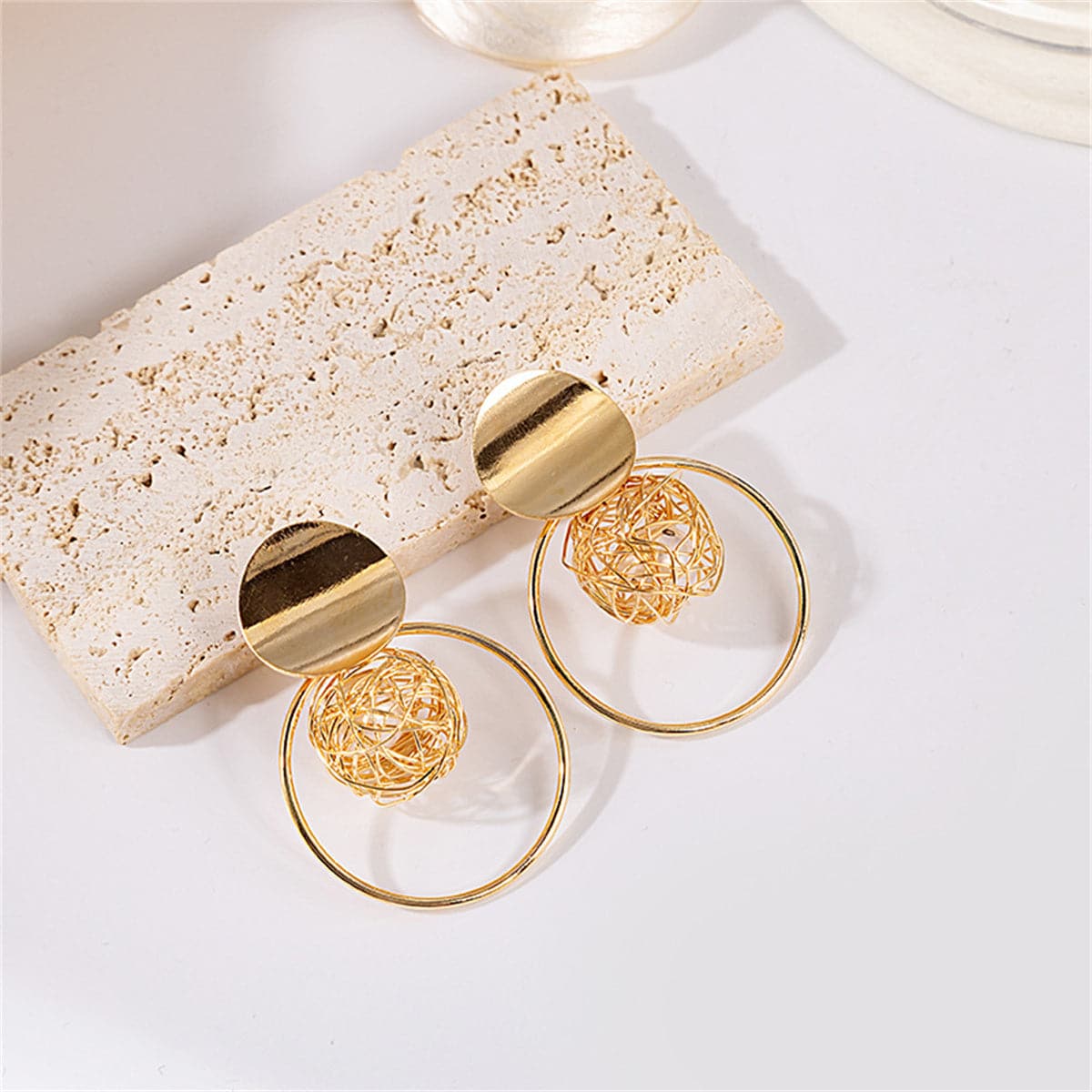 Pearl and 18K Gold-Plated Net Circle Drop Earrings, gold drop earrings for women, everyday style, front view
