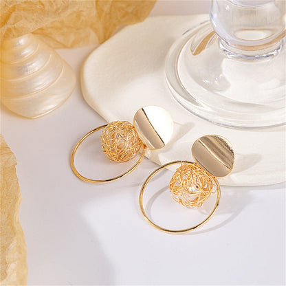 Pearl and 18K Gold-Plated Net Circle Drop Earrings, gold drop earrings for women, everyday style, detail close-up