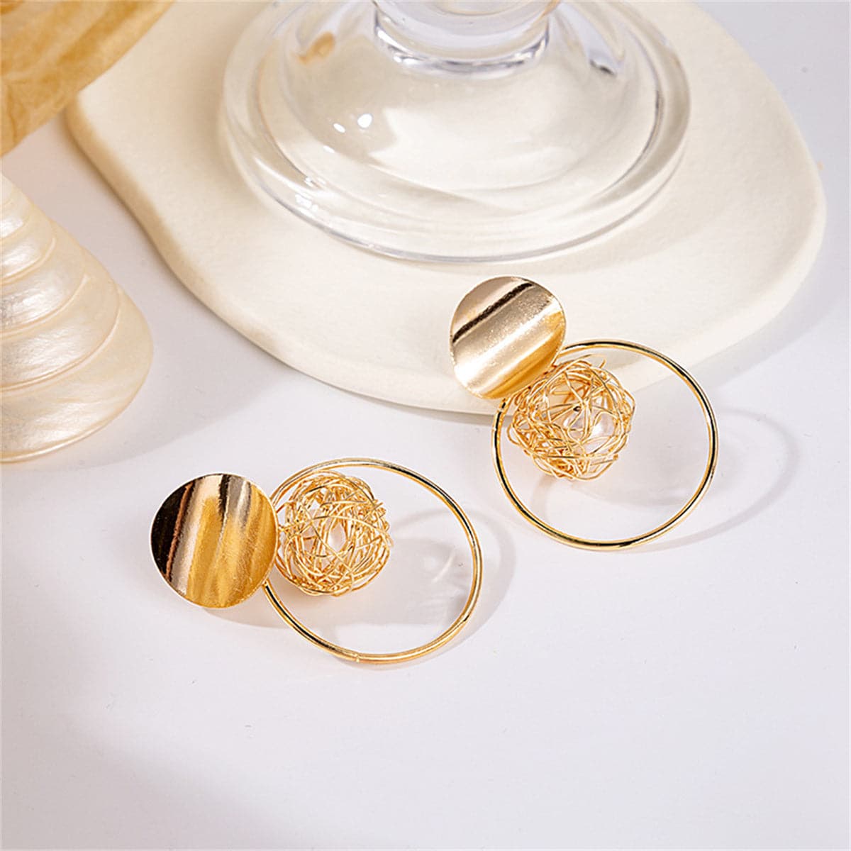 Pearl and 18K Gold-Plated Net Circle Drop Earrings, gold drop earrings for women, everyday style, lifestyle look