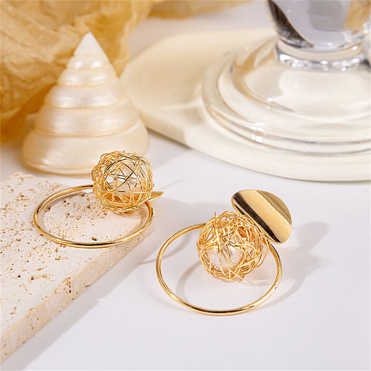 Pearl and 18K Gold-Plated Net Circle Drop Earrings, gold drop earrings for women, everyday style, side view