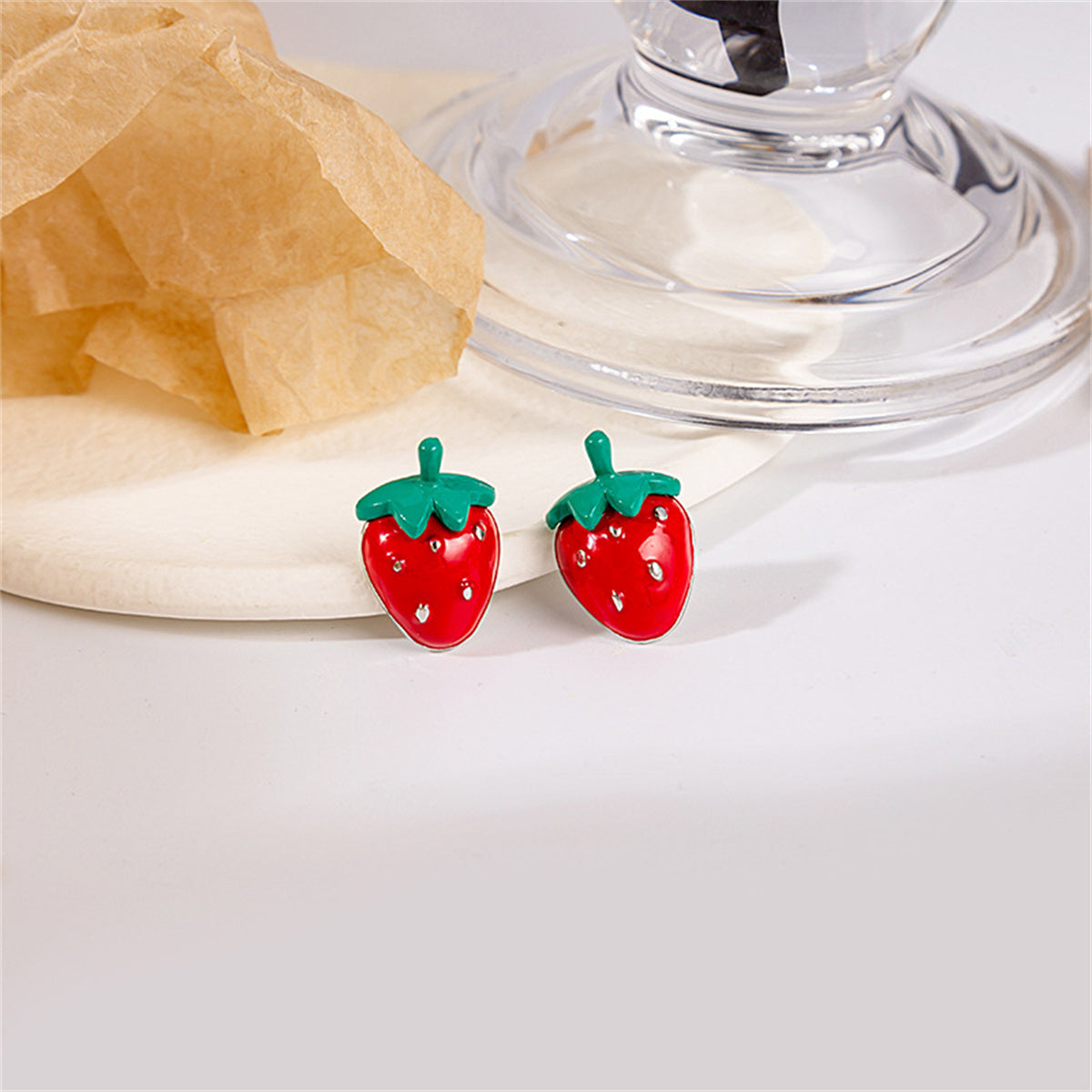 Red and Green Strawberry Stud Earrings, stud earrings for women, everyday style, front view