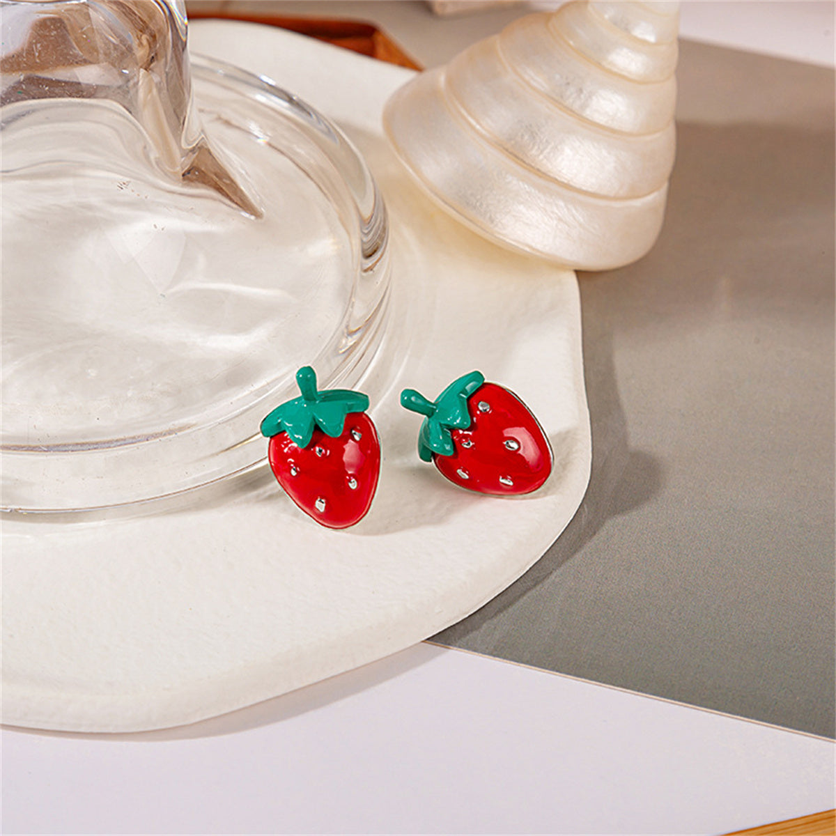 Red and Green Strawberry Stud Earrings, stud earrings for women, everyday style, detail close-up