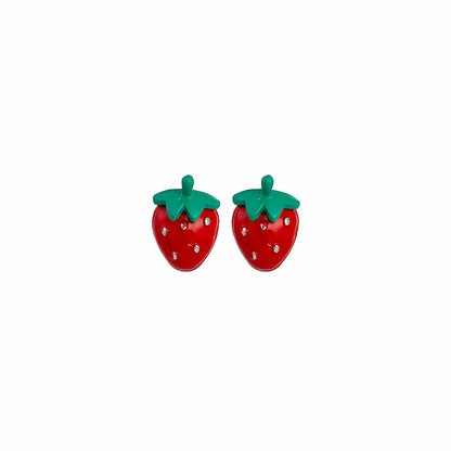 Red and Green Strawberry Stud Earrings, stud earrings for women, everyday style, side view