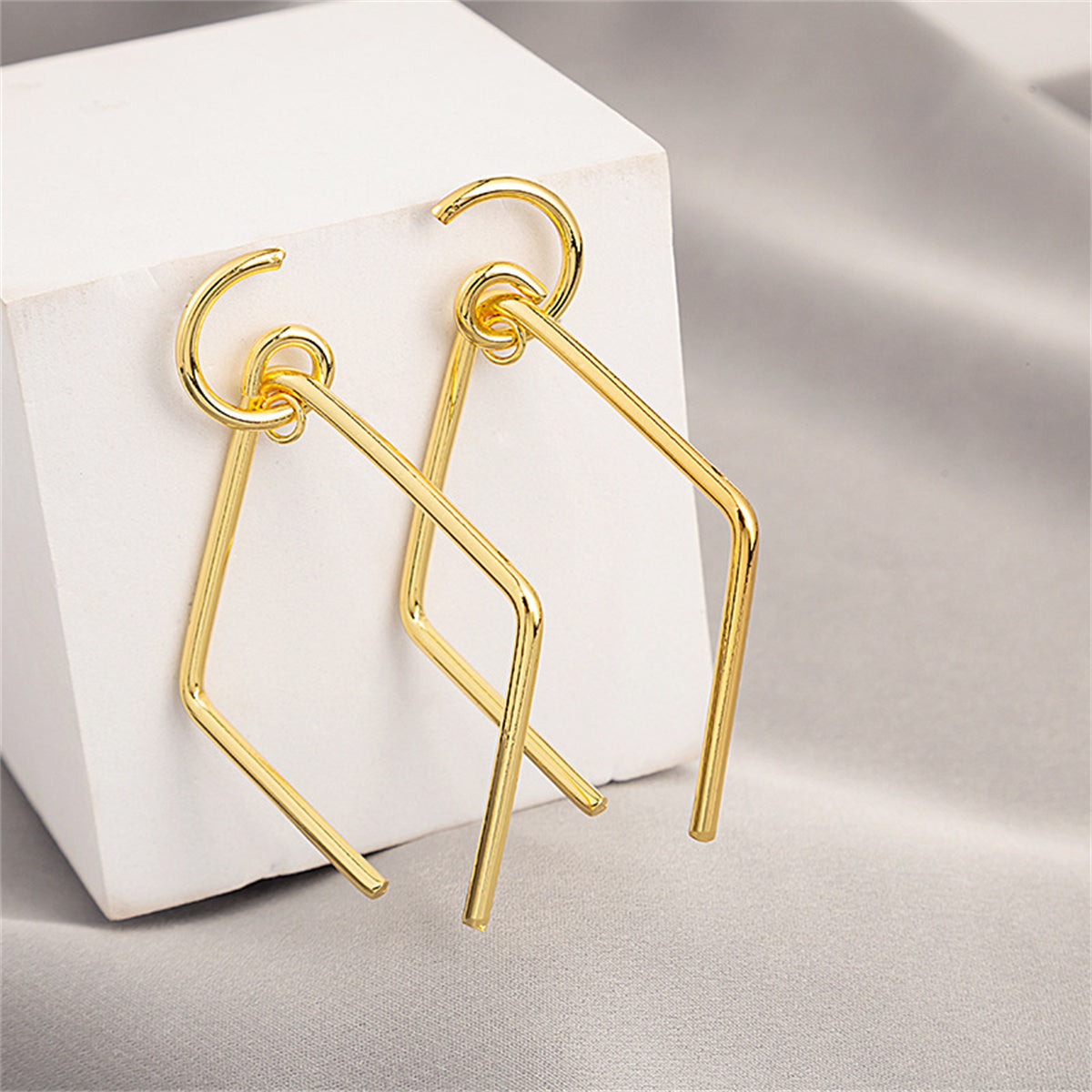 18K Gold-Plated Open-Rhombus Drop Earrings, gold drop earrings for women, elegant gift for her, front view