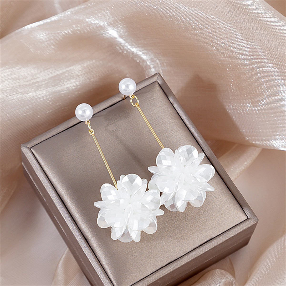 Pearl and Acrylic 18K Gold-Plated Flower Sphere Drop Earrings, gold drop earrings for women, everyday style, front view