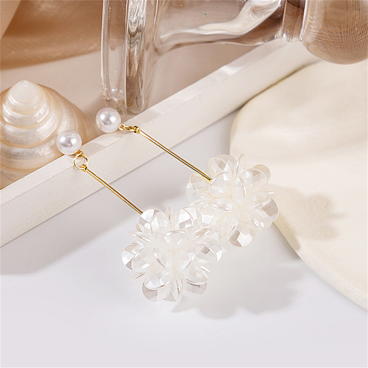 Pearl and Acrylic 18K Gold-Plated Flower Sphere Drop Earrings, gold drop earrings for women, everyday style, detail close-up