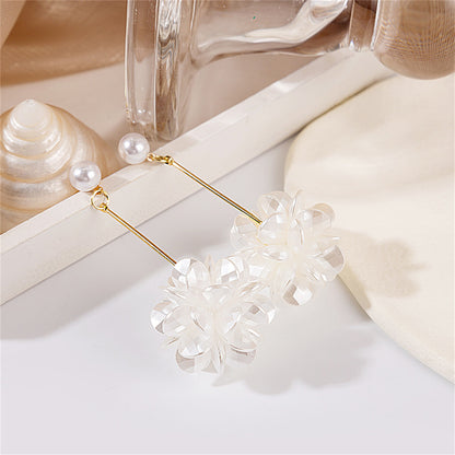Pearl and Acrylic 18K Gold-Plated Flower Sphere Drop Earrings, gold drop earrings for women, everyday style, detail close-up