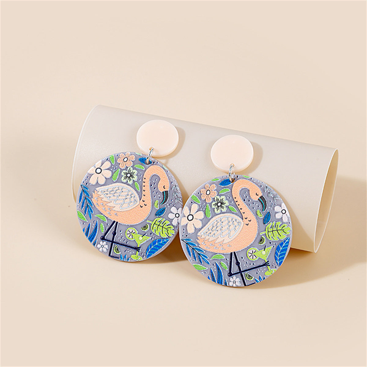 Pink Acrylic and Silver-Plated Flamingo Drop Earrings, silver drop earrings for women, botanical inspired, front view