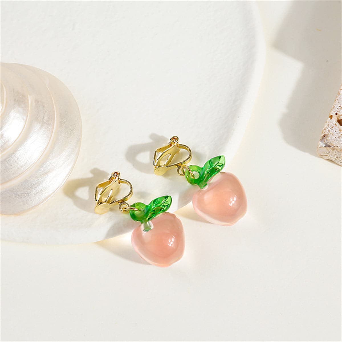 Pink and 18K Gold-Plated Apple Drop Ear Cuffs, gold drop earrings for women, dainty minimalist design, front view