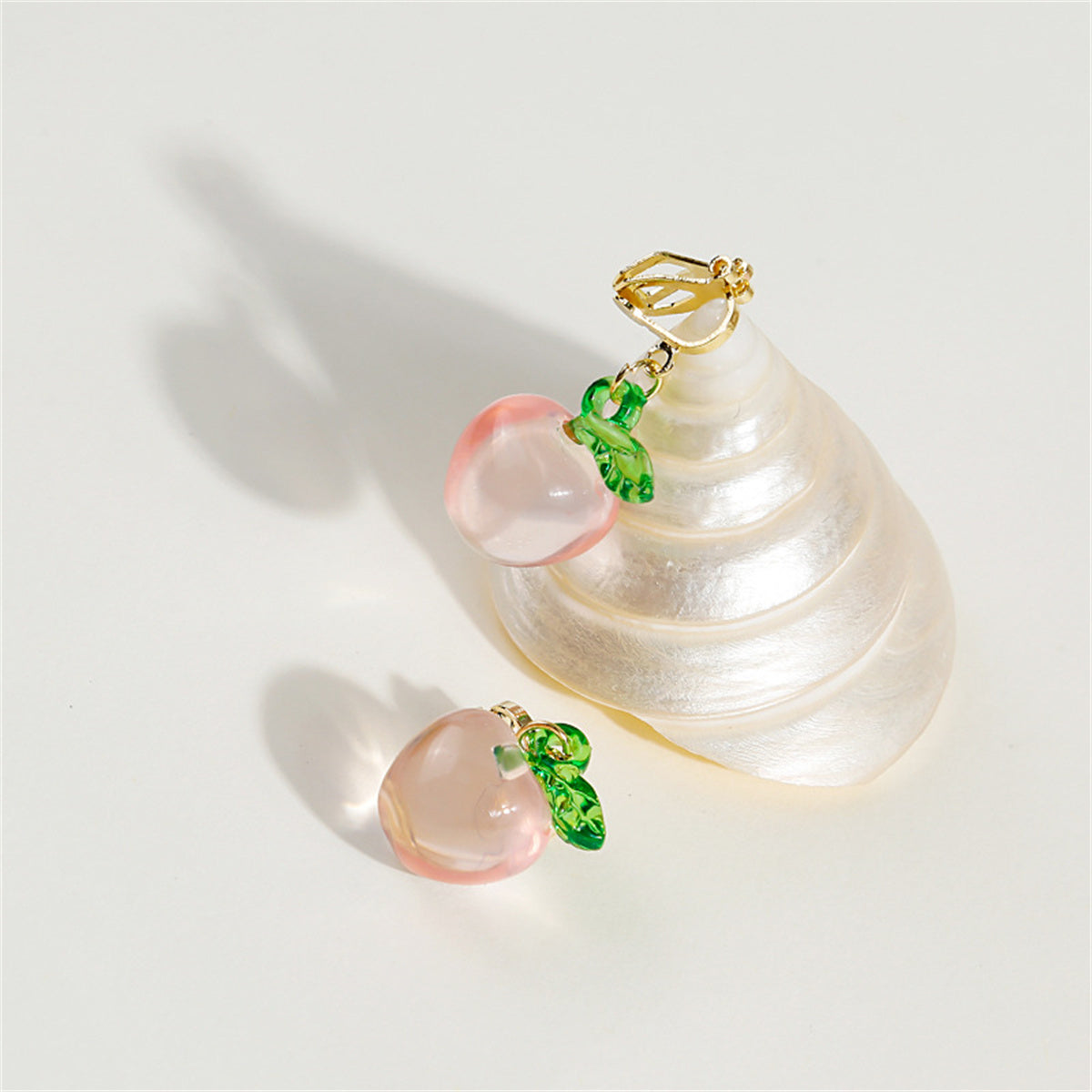 Pink and 18K Gold-Plated Apple Drop Ear Cuffs, gold drop earrings for women, dainty minimalist design, side view