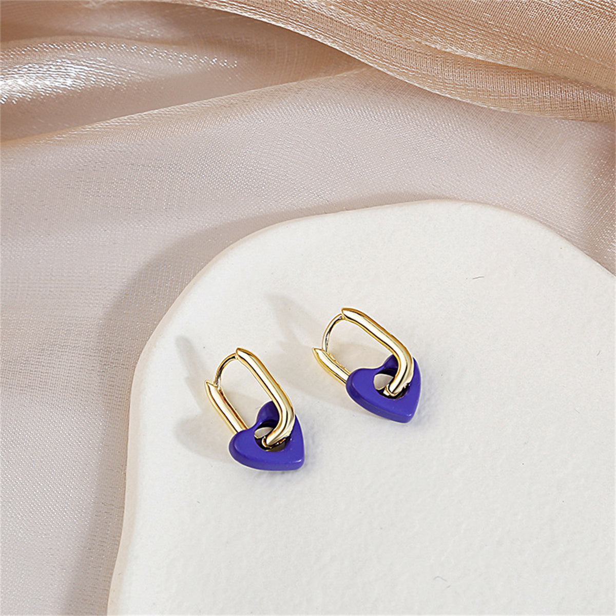 Blue and 18K Gold-Plated Heart Huggie Earrings, gold huggie earrings, elegant gift for her, detail close-up