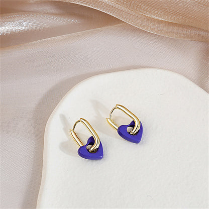 Blue and 18K Gold-Plated Heart Huggie Earrings, gold huggie earrings, elegant gift for her, detail close-up