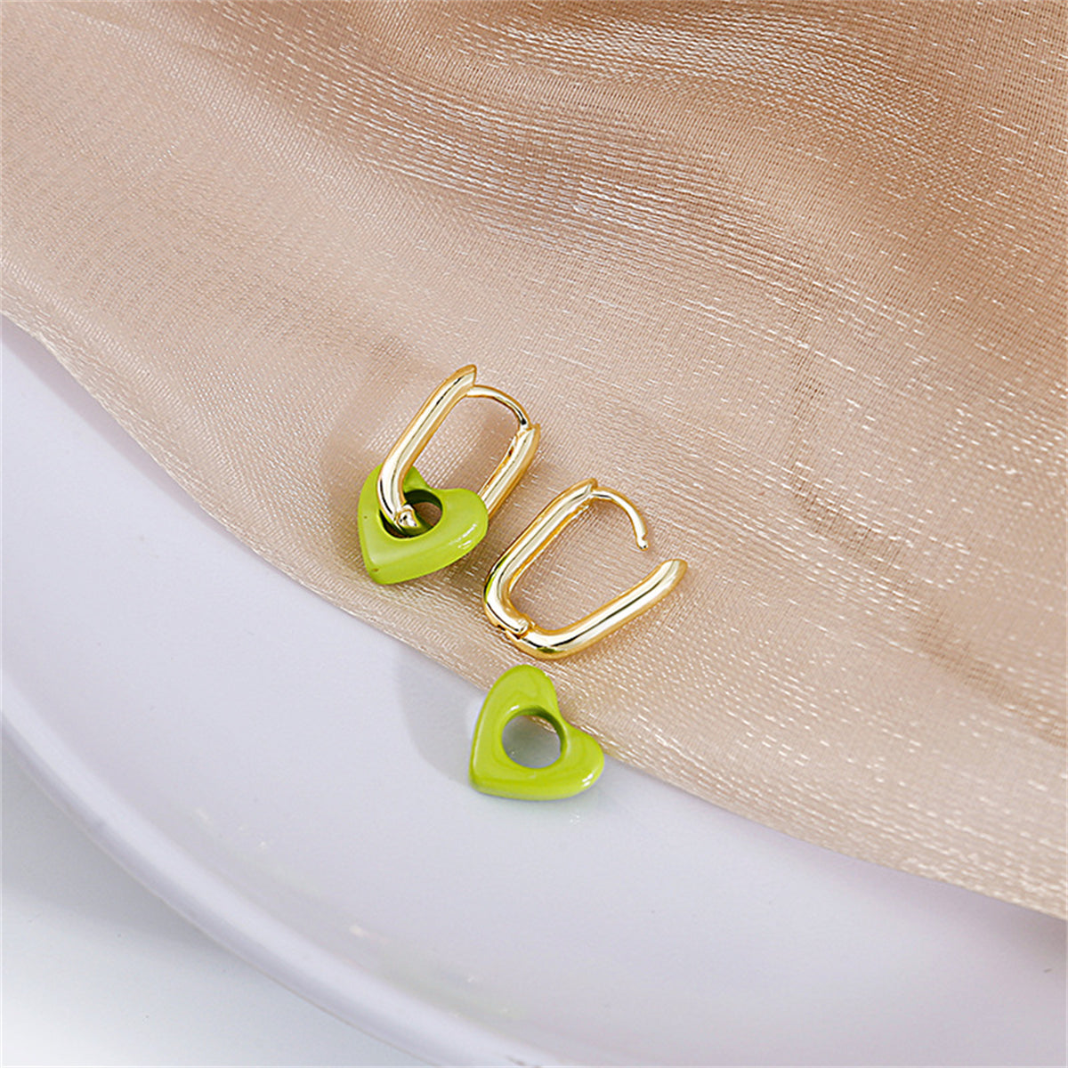Cyan Enamel and 18K Gold-Plated Heart Huggie Earrings, gold huggie earrings, elegant gift for her, side view