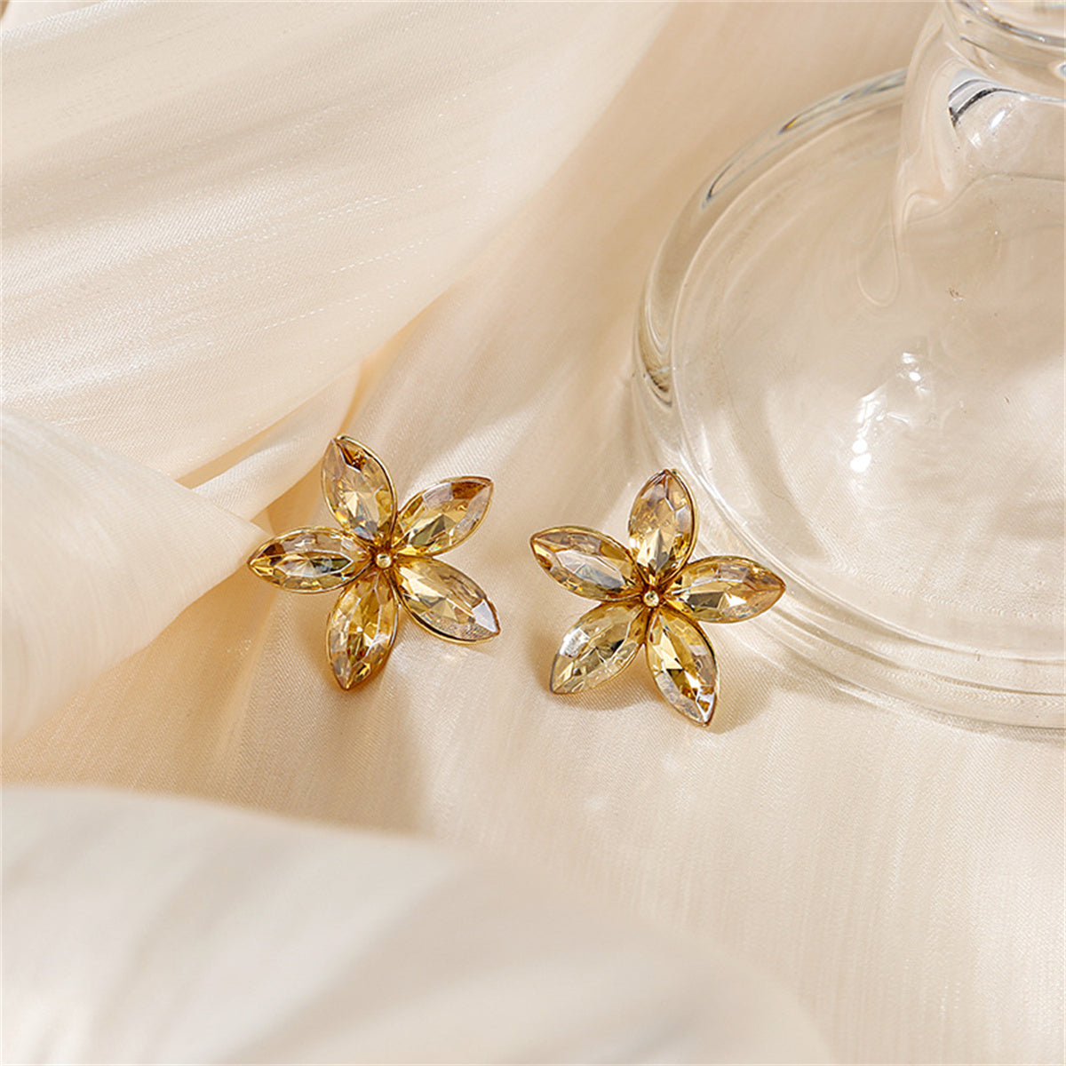 Crystal and 18K Gold-Plated Flower Stud Earrings, gold stud earrings for women, vintage-inspired design, front view