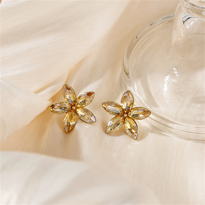 Crystal and 18K Gold-Plated Flower Stud Earrings, gold stud earrings for women, vintage-inspired design, front view