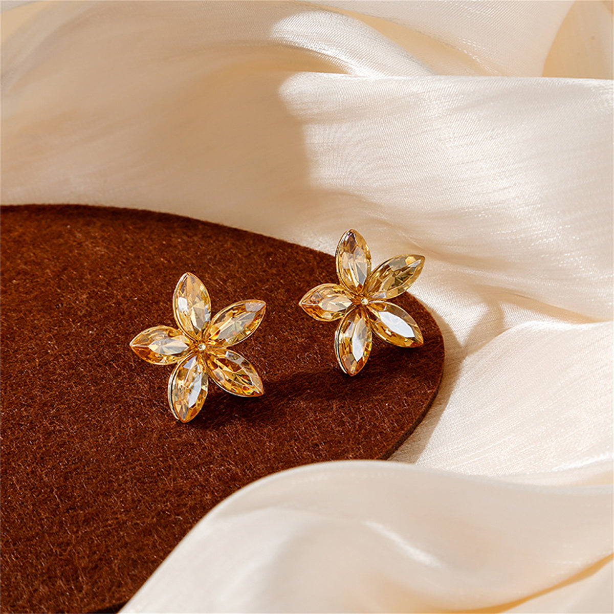Crystal and 18K Gold-Plated Flower Stud Earrings, gold stud earrings for women, vintage-inspired design, side view