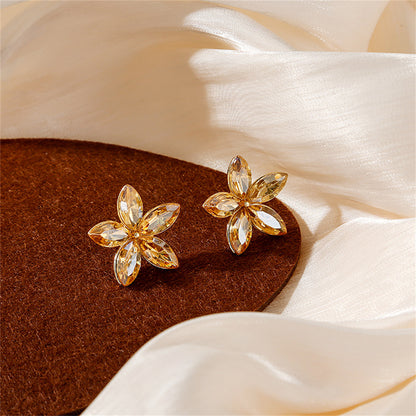 Crystal and 18K Gold-Plated Flower Stud Earrings, gold stud earrings for women, vintage-inspired design, side view