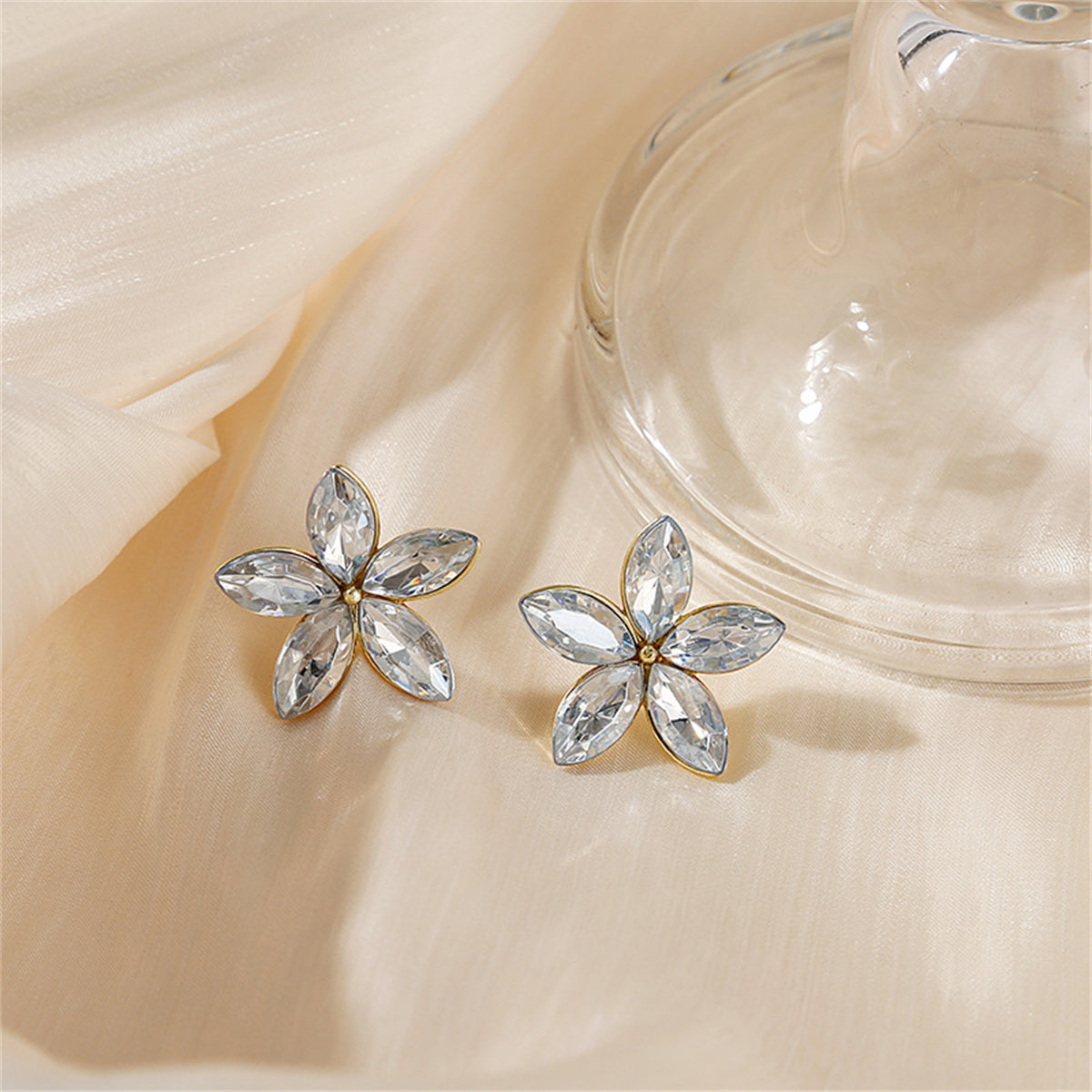 Crystal and 18K Gold-Plated Flower Stud Earrings, gold stud earrings for women, botanical inspired, front view