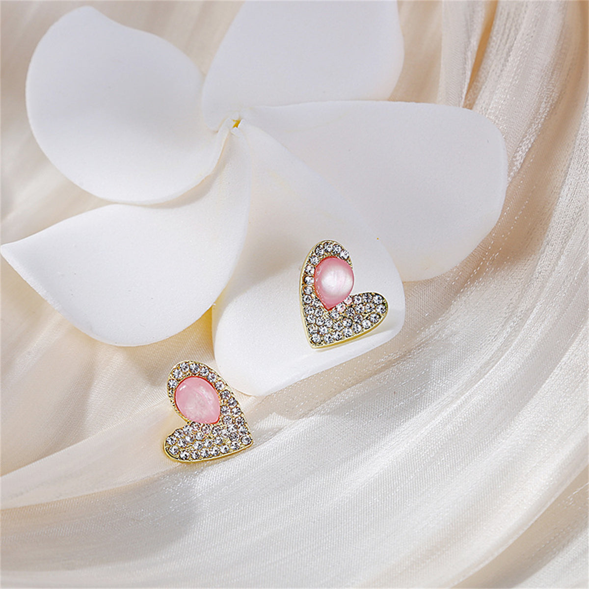 Quartz and Cubic Zirconia 18K Gold-Plated Heart Stud Earrings, gold stud earrings for women, styled look