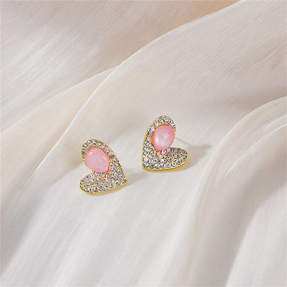 Quartz and Cubic Zirconia 18K Gold-Plated Heart Stud Earrings, gold stud earrings for women, detail close-up
