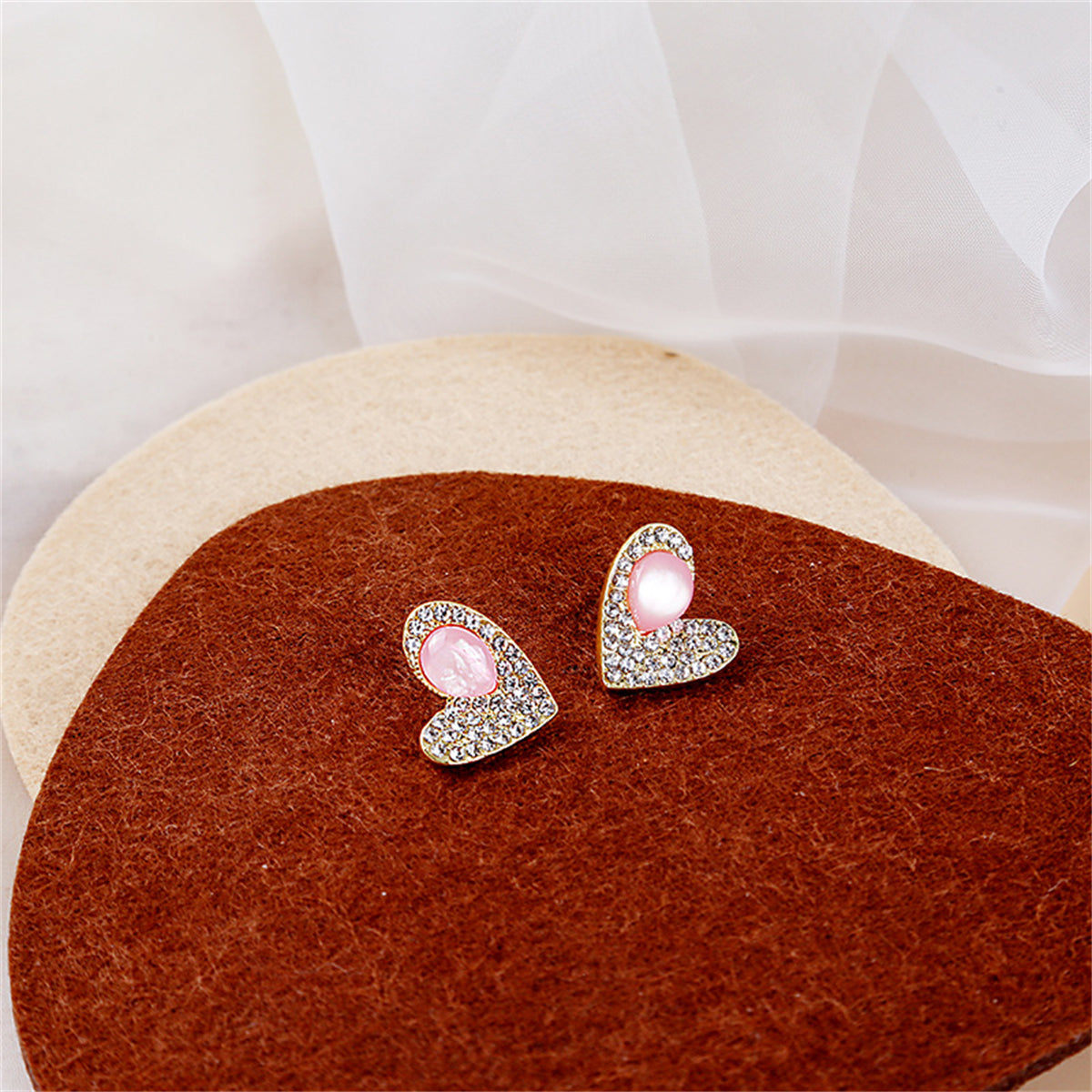 Quartz and Cubic Zirconia 18K Gold-Plated Heart Stud Earrings, gold stud earrings for women, front view