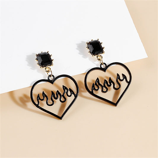 Black Crystal and 18K Gold-Plated Flame Heart Drop Earrings, gold drop earrings for women, front view