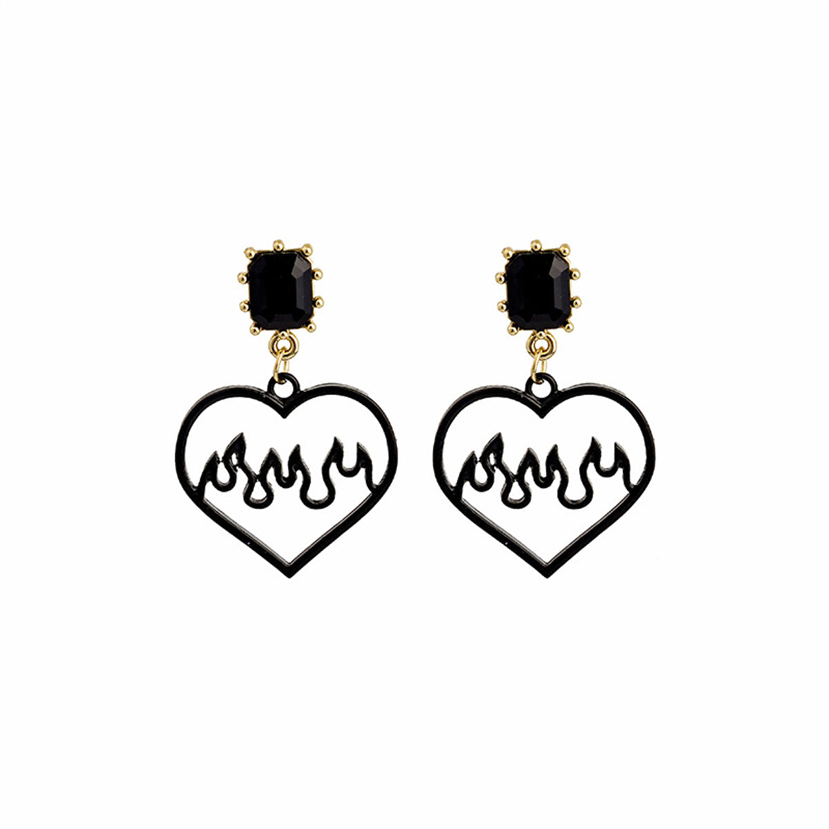 Black Crystal & 18K Gold-Plated Flame Heart Drop Earrings