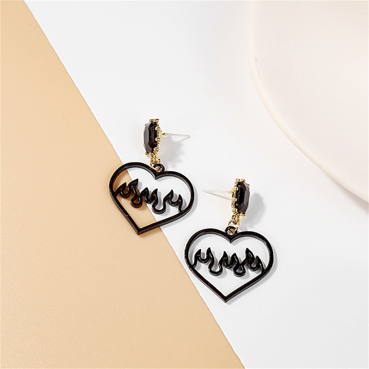 Black Crystal & 18K Gold-Plated Flame Heart Drop Earrings