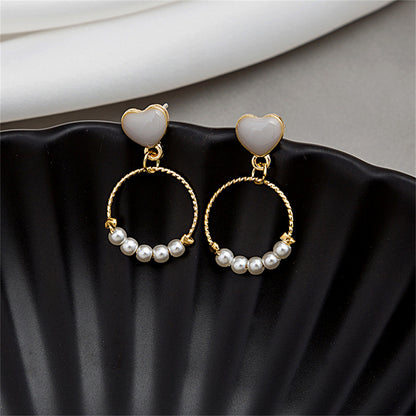 Pearl and Enamel 18K Gold-Plated Heart Circle Drop Earrings, gold drop earrings for women, front view