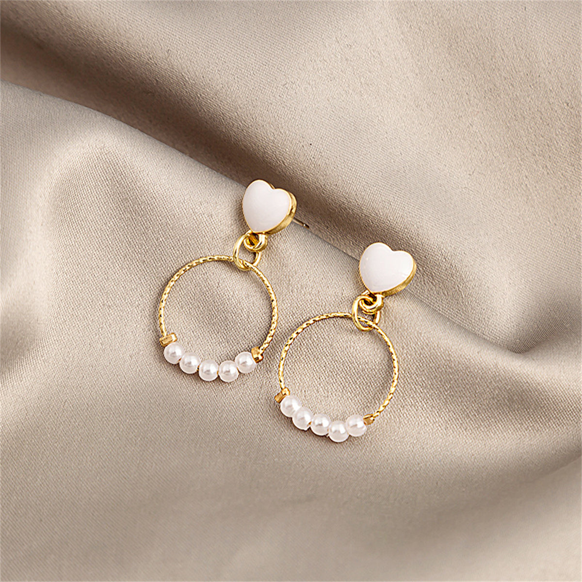 Pearl and Enamel 18K Gold-Plated Heart Circle Drop Earrings, gold drop earrings for women, side view