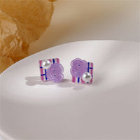 Purple Resin & Pearl Silver-Plated Flower Square Stud Earrings