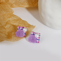 Purple Resin & Pearl Silver-Plated Flower Square Stud Earrings