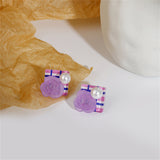 Purple Resin & Pearl Silver-Plated Flower Square Stud Earrings