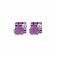 Purple Resin & Pearl Silver-Plated Flower Square Stud Earrings