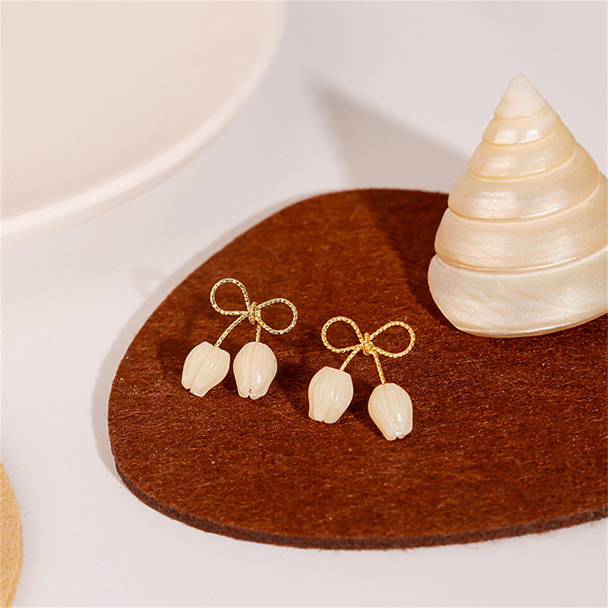 Quartz and 18K Gold-Plated Tulip Blossom Bow Stud Earrings, gold stud earrings for women, botanical inspired, front view